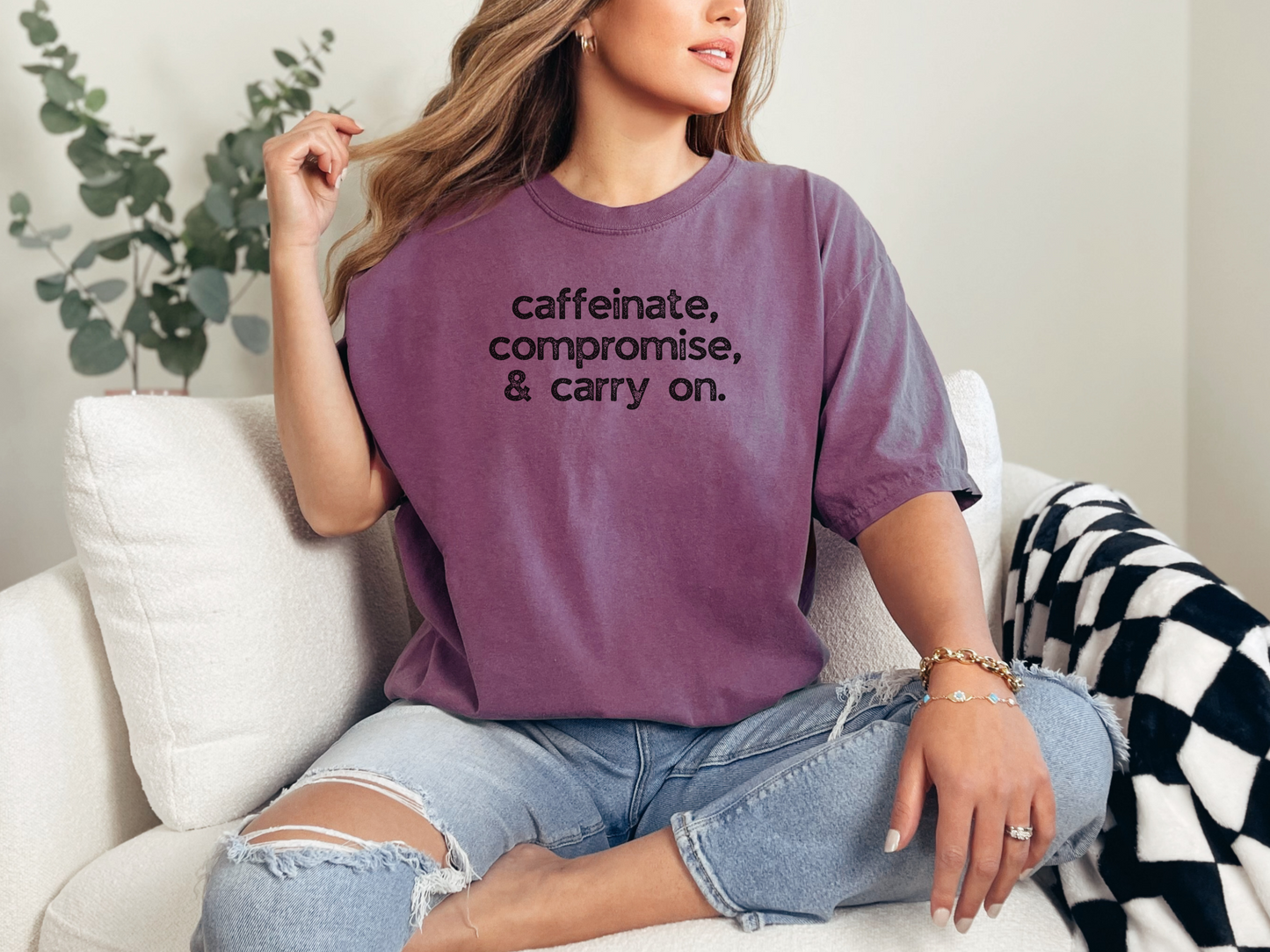 Caffinate, Compromise & Carry On :: Funny Caffeine Addict Tee :: Caffeine Lover Gift :: Tired Mom Graphic T-shirt :: Real Life Women's Comfort Tee