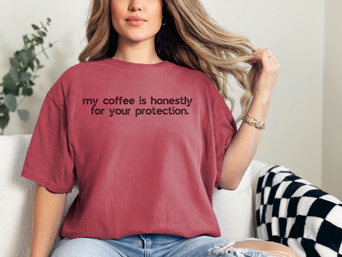 My Coffee is Honestly For Your Protection :: Funny Caffeine Addict Tee :: Caffeine Lover Gift :: Tired Mom Graphic T-shirt :: Real Life Women's Comfort Tee