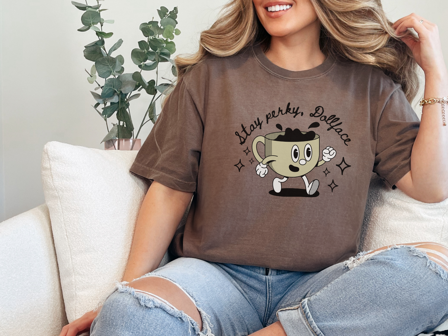 Stay Perky, Dollface, Vintage Coffee-Themed Unisex T-Shirt, Perfect for Coffee Addicts, Gift for Friends, Trendy Graphic Tee, Casual Everyday Wear