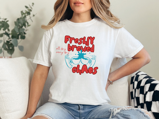 Freshly Brewed Chaos, Funny Teacher Shirt, Unisex T-Shirt, Gift for Educators, Back to School Gear, Coffee Lovers Apparel